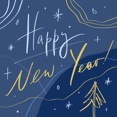 Naklejka premium 2020 Glossy Shine Christmas Concept Design Happy New Year, Xmas holidays Hand Chill Party Modern Abstract Shapes Written Lettering Decor Elements Golden Stars Isolated On Dark Background. Vector