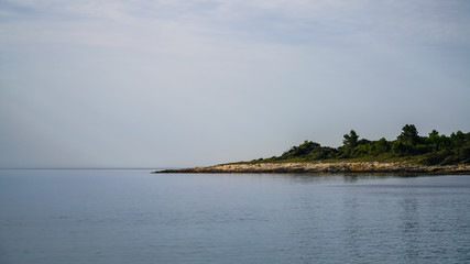 An early morning, the sky covered with clouds merges with the sea on the horizon. View of a stony forested coast