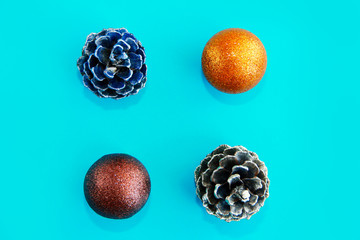 Christmas multi-colored  tree balls and pine decorative a cones