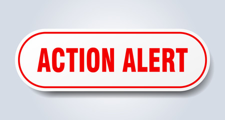 action alert sign. action alert rounded red sticker. action alert