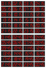 Naklejka premium Set of digital clocks for business hours isolated on white. 24 hours version. Quarters (15 and 45 minutes).