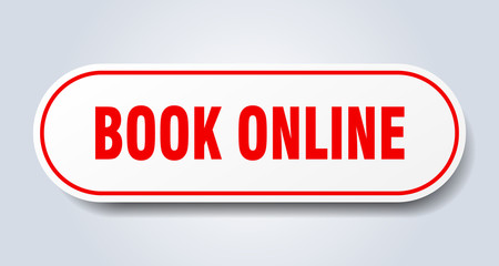 book online sign. book online rounded red sticker. book online