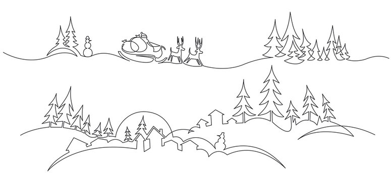 Christmas landscape continuous one line vector drawing. Santa in sleigh with deers, trees, snowdrifts, snowman