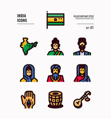 India icon set 1. Include India Flag, map, people, music instruments and more. Filled Outline icons Design. vector illustration