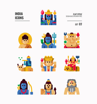 India icon set 3. Include India Spiritual, Hindu, Buddhism and more. Flat icons Design. vector illustration