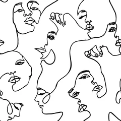 Fotobehang Lijnkunst Doorlopende lijn gezicht vrouwen naadloos patroon - Vector eindeloze achtergrond Mode vrouwelijk portret één regel