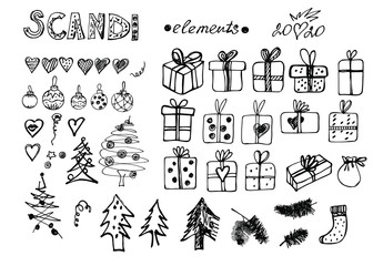 hand-drawn in graphic scandinavian style large set of icons on a white isolated background for use in design, doodle style, new year, christmas, greeting card