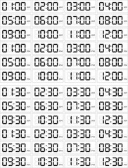 Set of digital clocks for business hours isolated on white. 12 hours version (AM/PM). Hours and half past hours.