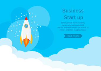 Startup business project, rocket flying above clouds. Vector illustration.
