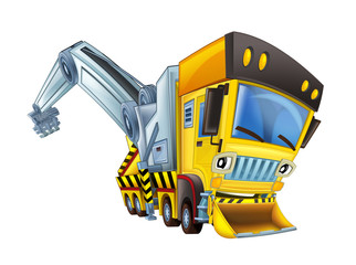 cartoon scene with tow truck looking and smiling with snow plow on white background - illustration for children