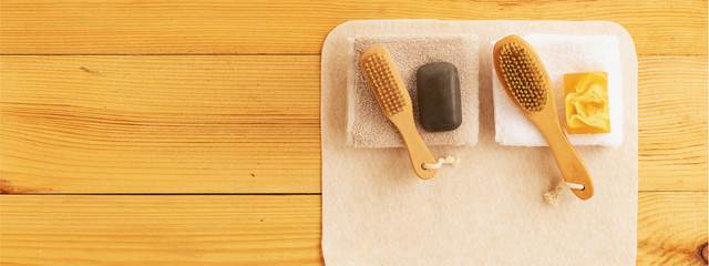 A set of items for couples for spa treatments. Brushes and soap made from natural materials. The concept of an eco-friendly approach to health and hygiene.