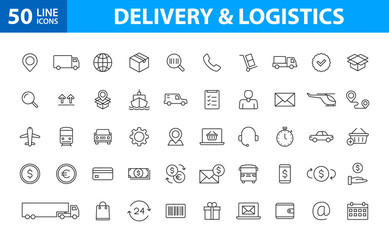 Fototapeta na wymiar Set of 50 Delivery and logistics web icons in line style. Courier, shipping, express delivery, tracking order, support, business. Vector illustration.