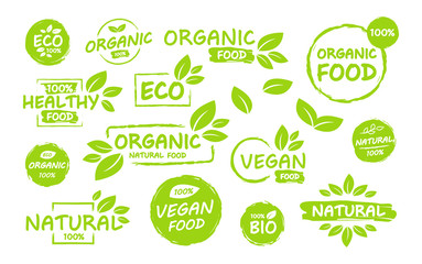 Set of Vegan, eco, bio, organic, fresh, healthy, 100 percent, nateral food. Natural product. Collection of emblem cafe, badges, tags, packaging. Vector illustration.