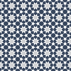 Islamic motif tile pattern with blue and gray details. Decorative geometric design on a white background. 