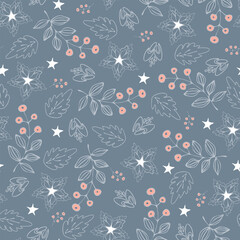 Seamless vector winter floral pattern with stars. Light blue background.