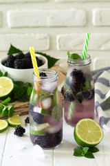 Homemade refreshing citrus lemonade mojito blackberry with  ingredients for making on wooden table. Free space for your text.