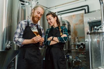 Brewery workers looking at freshly made beer in glass tube and discussing it. Male and female brewer testing beer at brewery factory. 4k. Small business concept.