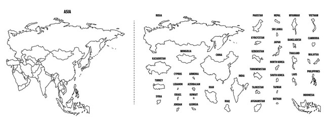 Asia outline map with each country isolated. 