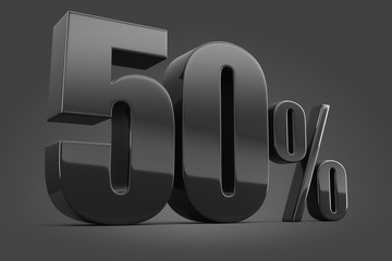 Black percent on a gray background. Black Friday. 3d rendering illustration for advertising. Fifty.