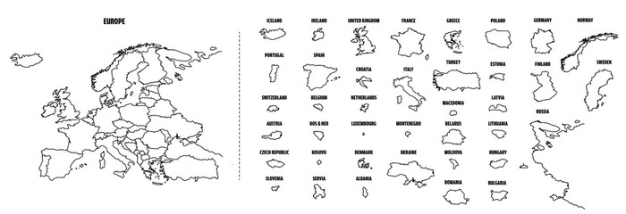 Europe outline map with each country isolated. 