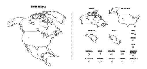 North America outline map with each country isolated. 