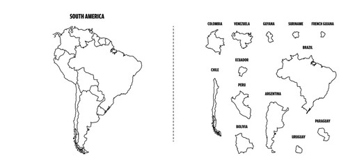 South America outline map with each country isolated. 