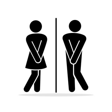 Girls and boys restroom pictograms. Funny toilet couple signing, desperate pee woman man wc icons, fun bathroom door signs, humor public washroom urgent vector silhouettes