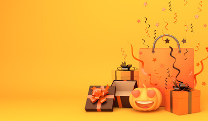 Shopping bag, pumpkin, gift box, confetti on orange background. Design creative concept of happy halloween celebration holiday. 3D rendering illustration.