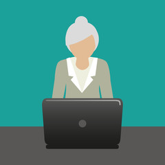 grandma with laptop is working with computer vector illustration EPS10