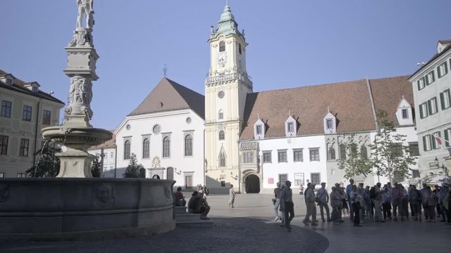 BRATISLAVA, SLOVAKIA - AUGUST 18, 2019: Old Town Hall is a complex of buildings from the 14th century. It is the oldest city hall in the country
