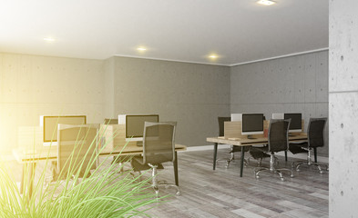 View of the meeting room. Table and chairs. Concrete walls. Open space. Sunset.