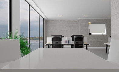 Meeting room in shades of gray. Open space. Great office. Blank paintings.  Mockup.