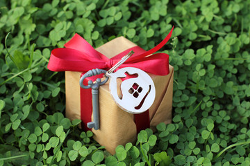 gift idea with key symbol and house on the background of a green lawn with clover. real estate in eco style