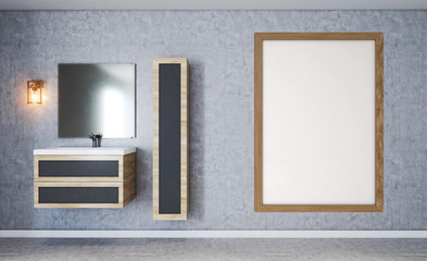 Modern bathroom with textured concrete wall. foggy mirror. Furniture made of wood. 3D rendering. Blank paintings.  Mockup.