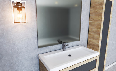 Modern bathroom with textured concrete wall. foggy mirror. Furniture made of wood. 3D rendering.