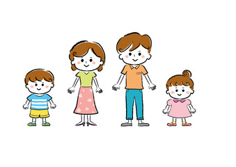 人物,ライフスタイル・生活,生活,家族,ファミリー,ベクター素材,笑顔,微笑み,微笑む,シンプル,幸せ,ライフスタイル,仲良し,若い,夫婦,子供,父,母,パパ,父親,母親,男の子,女の子,親子,白バック,白背景,手描き,手書き,カット,挿絵,素材,イラスト,イラストレーション,手書き風,手描き風,日本人,４人家族,子育て世代,小学生,正面,立っている,ママ,ベクター,可愛い,ポップな,かわいい