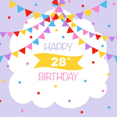Happy 28th birthday, vector illustration greeting card with confetti and garlands decorations