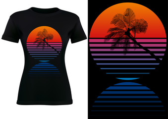Black T-shirt Design with Tropical Palm Silhouette and Sunset in Circle Background - Fashion Illustration, Vector