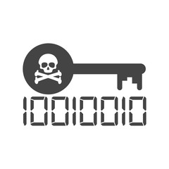 Ransomware icon. Key with skull. Cyber crime concept. Isolated on white background. Flat style. 