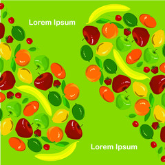 Lime banana orange lime apple strawberry cherry on green Lorem Ipsum. Red yellow painting background for web for print for packing design for product design 