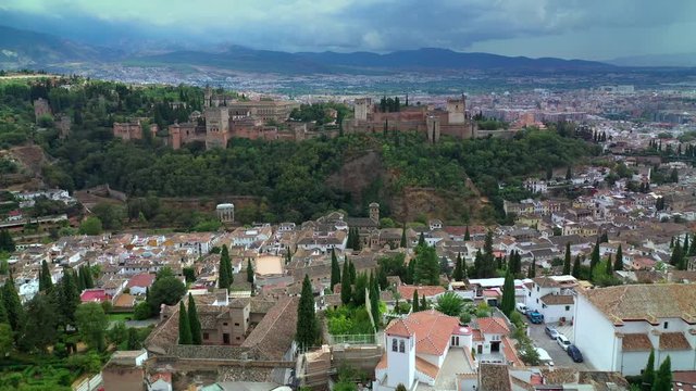 Aerial drone view of The Alhambra ancient castle . Granada Spain. Summer, 2019
