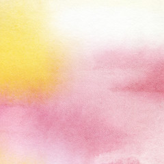 Abstract watercolor background. Delicate pink-yellow gradient of delicate pastel shades. Carmine ombre in lemon colors. Hand-drawn on paper illustration