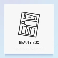 Beauty box thin line icon: cream, soap, spray. Cosmetic giftbox. Modern vector illustration.