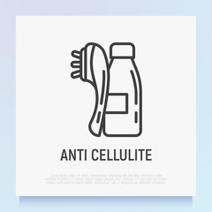 Anti cellulite treatments thin line icon: body massager and body oil in glass bottle. Modern vector illustration for beauty shop.