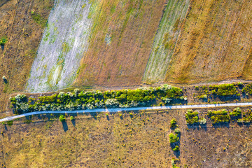 Aerial view from drone to different fields and road. Top view