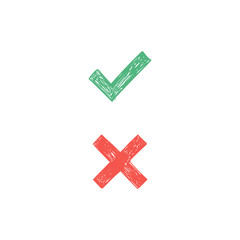 Obraz premium Checkmark doodles. Green tick and red x. Hand drawn check marks.