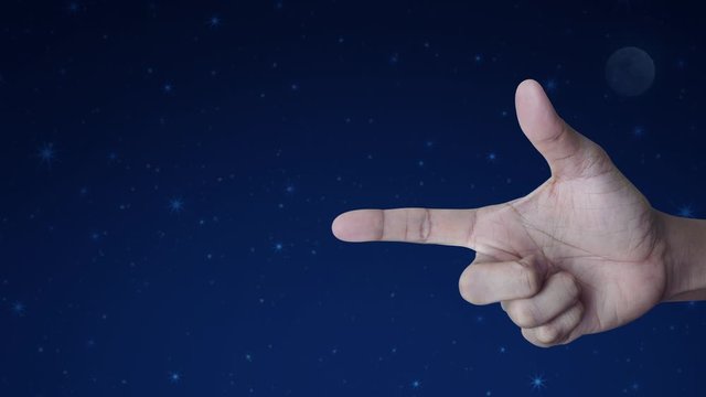 email flat icon on finger over fantasy night sky and moon, Business contact us concept