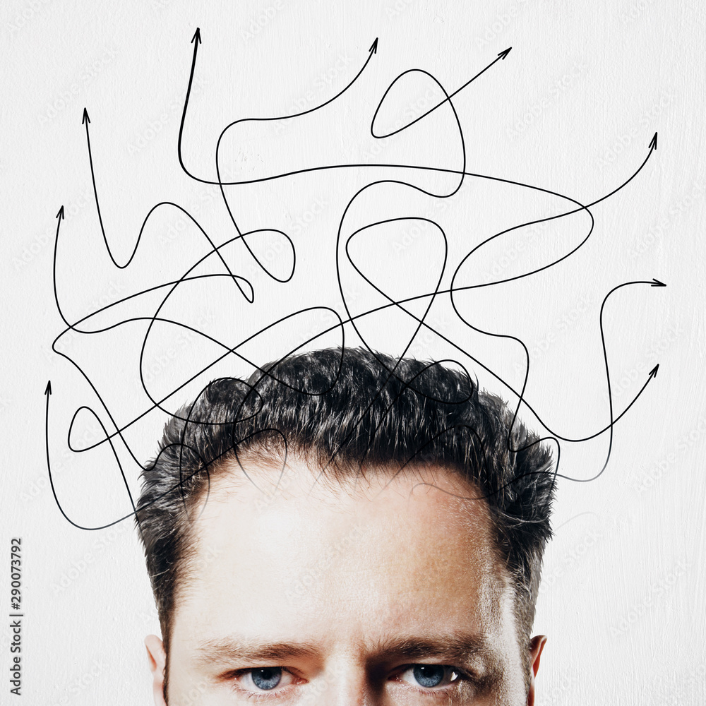 Poster choice of direction concept with man head and chaotic arrows above at light background.