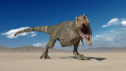 Obraz na płótnie Canvas T-Rex Dinosaur, Tyrannosaurus Rex reptile, prehistoric Jurassic animal roaring in deserted nature environment, front view, 3D illustration