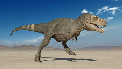 T-Rex Dinosaur, Tyrannosaurus Rex reptile running, prehistoric Jurassic animal in deserted nature environment, 3D illustration